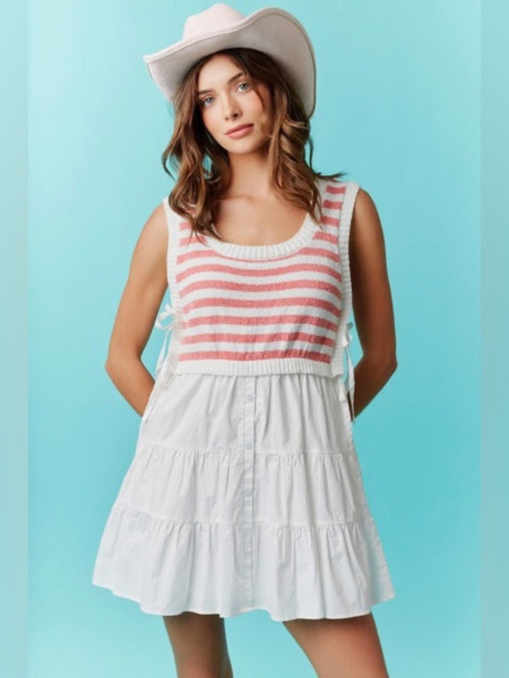 How Very Loved Striped Sweater Mini Dress Coastal Cottagecore Boho Tie Size M - Picture 2 of 13